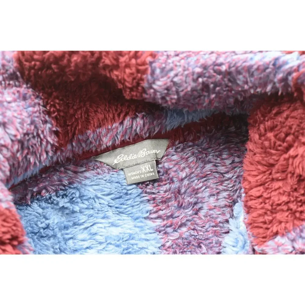 Eddie Bauer Women XXL Fleece Pullover Quarter Zip Plaid Check Blue Maroon Heavyw